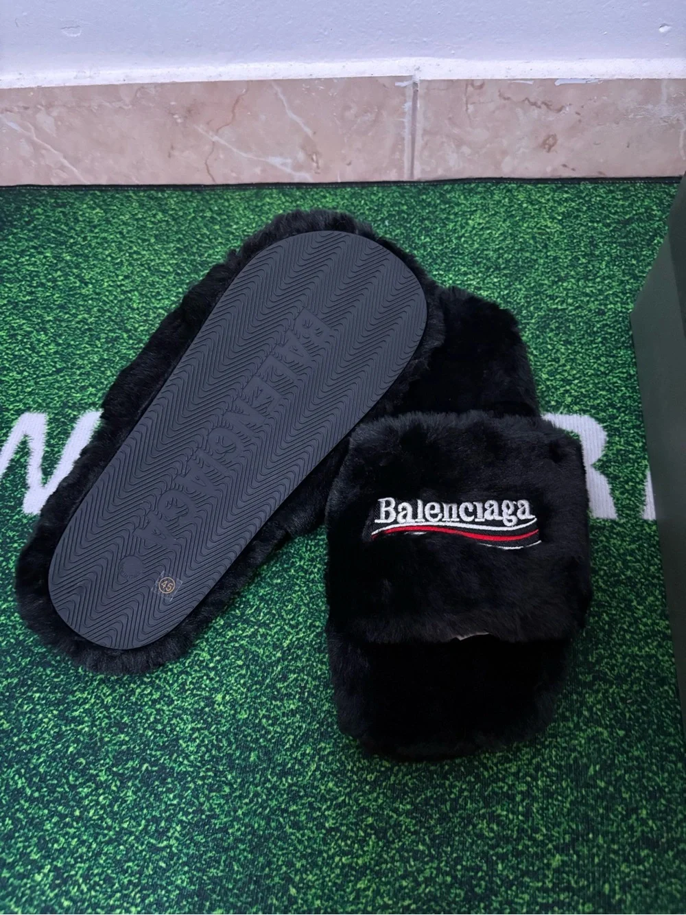 Balenciaga Black Fur Shiny Slides